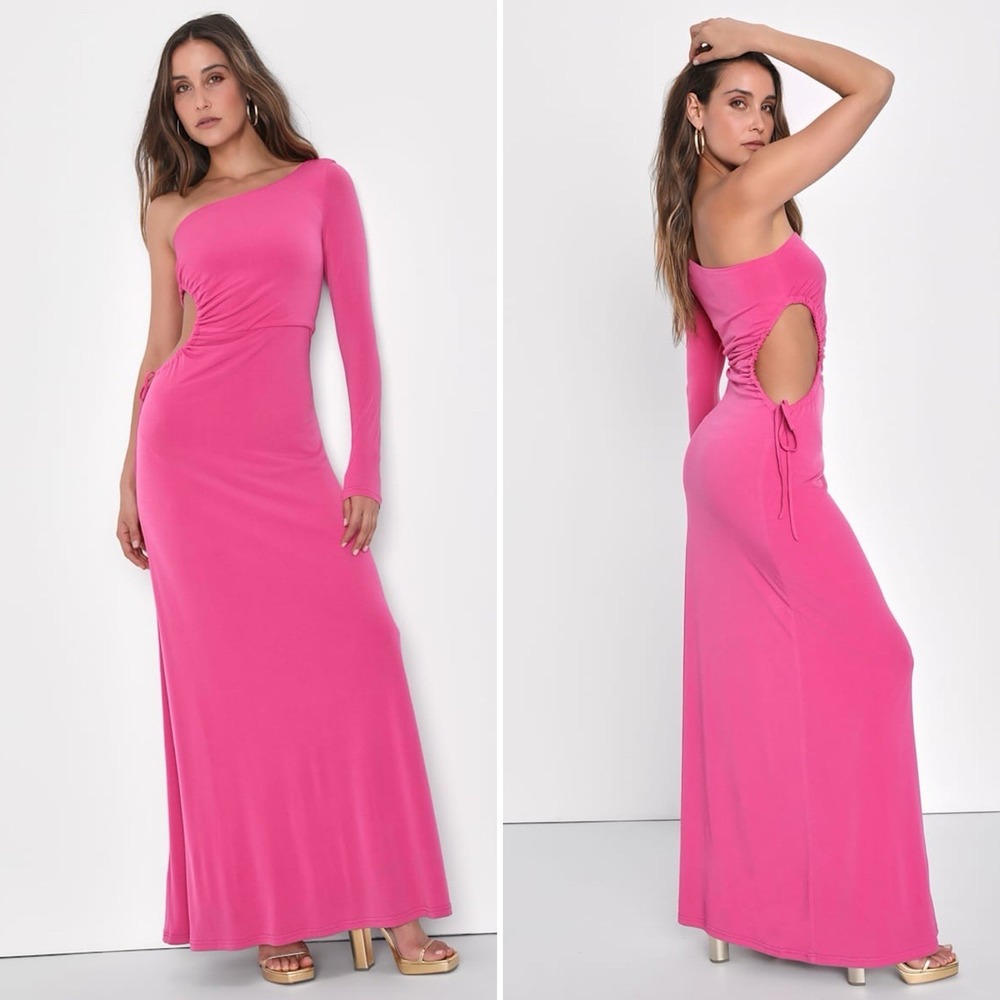 Lulus WMS Sweet Flirt Pink Long Sleeve One-Shoulder Cutout Maxi Dress Size Large